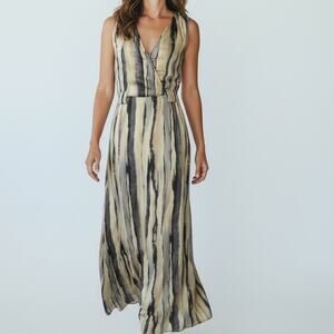 Costa Blanca Painted Striped Maxi Dress Women's XS Cream Gray V-Neck Slinky Long